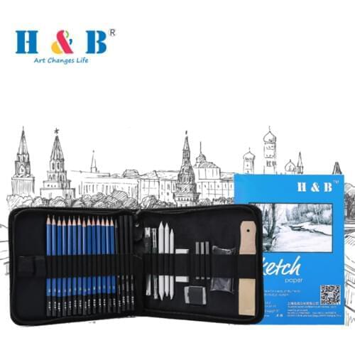 H&B35pcs Painting Pencil Set Sketch Set Professional Art Stationery and Cultural Supplies Toolkit Set Pencil Wood Lead