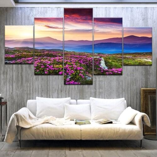 Wall Art Picture Home Decor Canvas Print 5 Panel Painting Sunset Mountain Flower Field Landscape Modern Poster Modular Frame Art