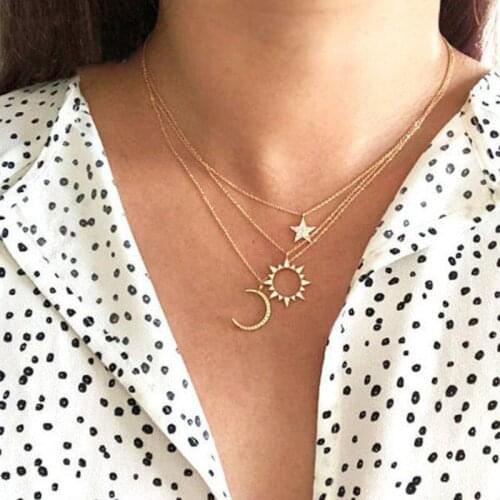 50611 Han Zhishang Jewelry New Creative hollow out inlaid diamond Sun Star Moon Pendant Necklace