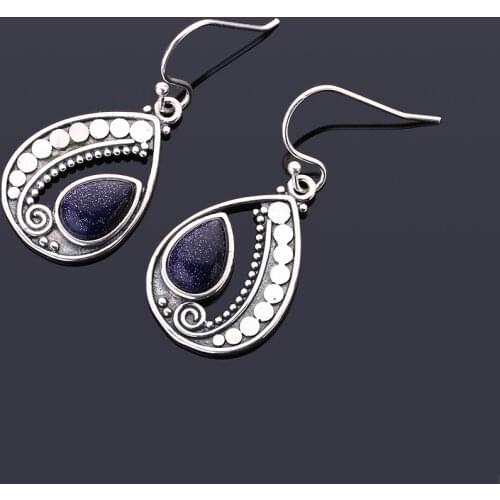925 Sterling Silver Pendant Earrings 6X9MM Drop-Shaped Blue Sandstone Vintage Women Fashion Jewelry Wedding Party Jewelry