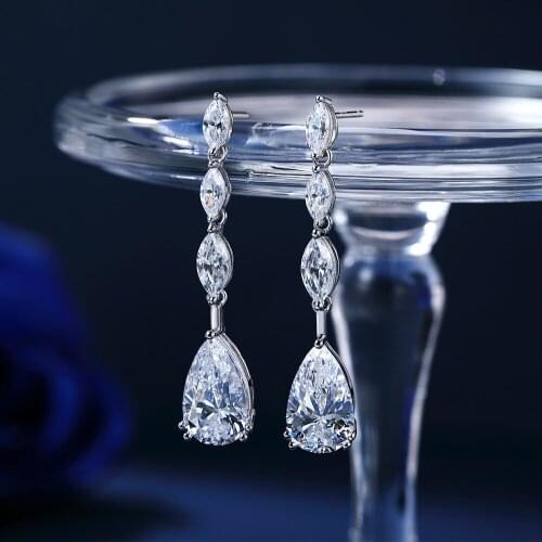 Charms 100% Solid 925 Sterling Silver Wedding Jewelry Simulated Moissanite Diamond Long Drop Bridal Earrings for Women