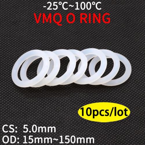 10pcs VMQ O Ring Seal Gasket Thickness CS 5mm OD 15 ~ 80mm Silicone Rubber Insulated Waterproof Washer Round Shape White Nontoxi