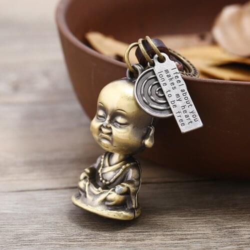 Punk Vintage Little Monk Buddha Pendant Keychain Hand-woven Car Retro Genuine Leather Buddha Key Chain Key Ring Jewelry