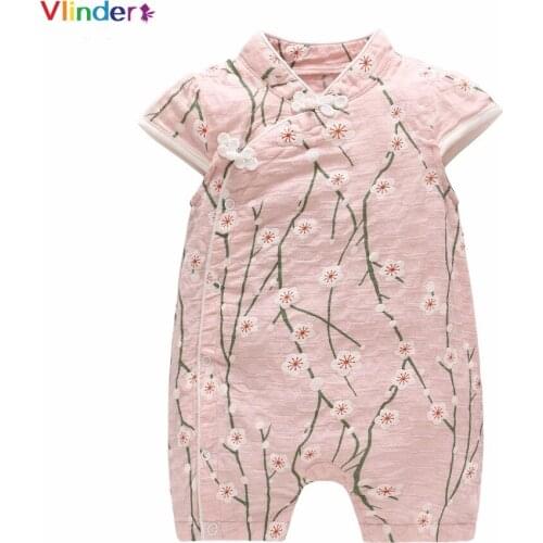 Vlinder 2018 New Chinese Style Baby Girls Summer Short Rompers Oblique Lapel Short Sleeves Infant Printing Plum Flower Jumpsuit