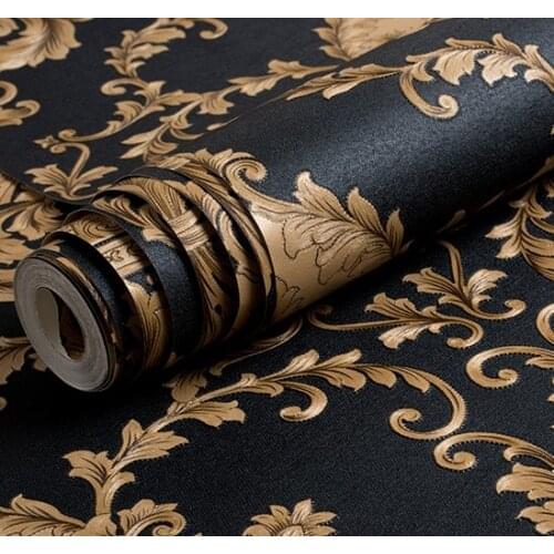 High Grade Black Gold Luxury Embossed Texture Metallic 3D Damask wallpaper for wall Roll washable Vinyl PVC Wall Paper