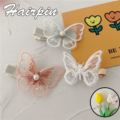 Butterfly Shaped Hairpin for Girls Embroidery Lace Hair Side Clip with Bead Decor Hair Accessories for Women BH