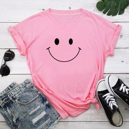 Smiley Print ladies T-shirt ladies casual basis O-collar white shirt short sleeve ladies T-shirt TX00226