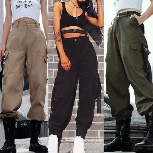 2021 New Safari Style Women Ladies Cargo Pants High Waist Plain Trousers Solid Color Button Loose Women Long Pants with Pockets