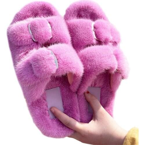 European Station Ladies Fur Slippers Mink Slippers Ladies Fur Slippers Flat-Heel Fashion Luxury Slippers
