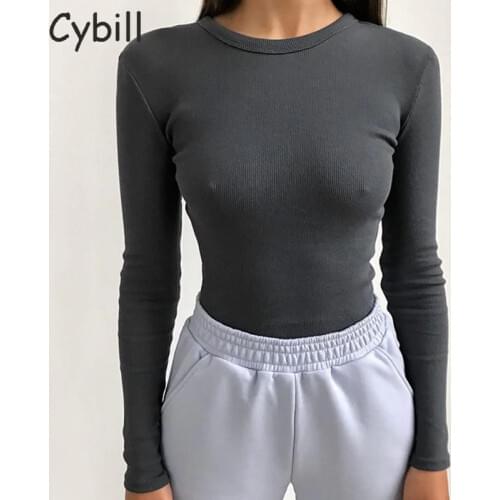 Cybill O Neck Ribber Knitted Casual Top Women Long Sleeve T Shirt Skinny Autumn Winter Slim Black Tee Lady Clothing White