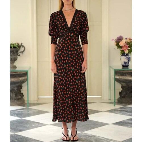 Rose Print Women Midi Dress 2021 New V-Neck Lace Patchwork Ladies Slim Waist Long Dress Robe Fashion 2021 New