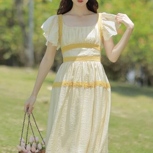 French Fairy Yellow Dress Women Sweet Kawaii Flying Sleeve Chiffon Midi Dress Female Vintage Korean Style Slim Summer Dress 2021