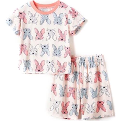 3-9Year Kids Girls Cartoon Bunny Print Sleepwear Cotton Loungewear Pajamas Sets Short Sleeve T-Shirt + Shorts 2Pcs Clothing Suit