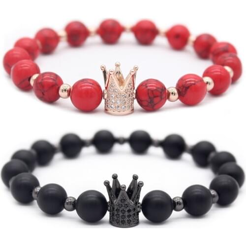 Poshfeel 2pc/set 8mm Natural Stone Bracelets for Lovers Crown Couple Bracelets & Bangles Gift Valentines Day Mbr180001