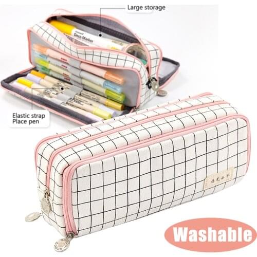 Kawaii School Pencil Case Kids Lattice Cotton Linen Multilayer Big Capacity Pencil Box Cute Pensil Case Pen Bag Estuche Escolar