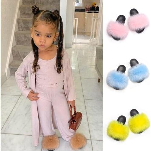 Kids Fur Slippers Fluffy Flip Flops Girls Summer Faux Fox Sandals Children Cute Plush Raccoon Fur Slides Furry Cozy Flat Shoes