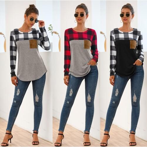 Crewneck Plaid Stitching Long Sleeve Pocket T-shirt Autumn Winter 2020 New Top Base Coat Fashion Casual British Style Pullover