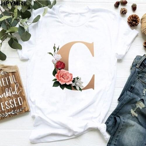Summer Woman T shirts Golden alphabet flower 26 Letter Print Graphic T-shirt Short Sleeve Clothes Fashion Tshirt Female Tops Tee