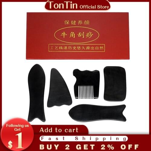 Good quality! Gift English chart! Tontin Traditional Massage GuaSha Tool 100% buffalo ox horn 5pieces/set