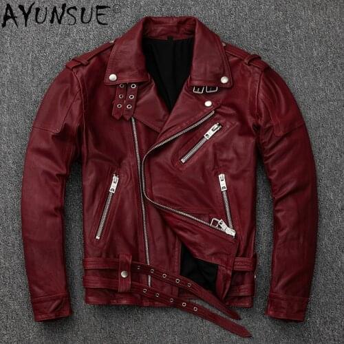 AYUNSUE Genuine Sheepskin Leather Jacket Men Clothing Motorcycle Jackets Mens Autumn Coat Burgundy Clothes Veste Homme LXR778