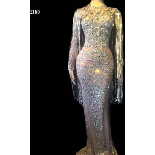 Crystals Tassel Party Bodycon Dress Women Long Sleeves Prom birthday Wedding Floor Length Rhinestone Dress Singer Stage Dresses