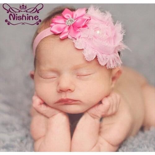 Nishine 1PCS Cute Newborn Headband Shabby Flowers Headbands With Pearl Kids Hair Accessories Birthday Gifts