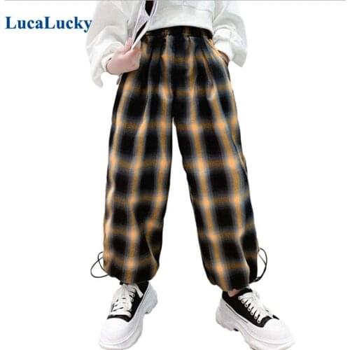LucaLucky New 2021 Spring Plaid Trousers Baby Big Girls Cotton Mid Waist Loose Pants For Kids Clothing Children Bottoms Clothes