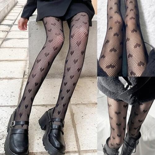 Y1QD Japanese Style Women Sexy Lace Pantyhose Sweet Love Heart Pattern Jacquard Tights Gothic Punk Lolita Hollow Out Fishnet