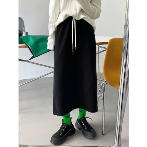 Drawstring Straight Skirts 2021 Autumn New Elastic Waist Cotton Tight Womens Skirts Fashion Unique Back Split Long Skirt Jupe