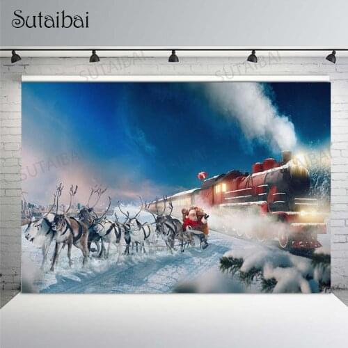 Christmas Backdrop Santa Claus Sled Reindeer Steam Train Snow Night Gifts Photography Background for Photo Studio Custom Props