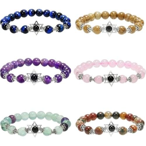 SUNYIK 8mm Stone Beads Merkaba Star Bracelet,Elastic Yoga Bangle,Crystal Healing Balancing Reiki 6.2"