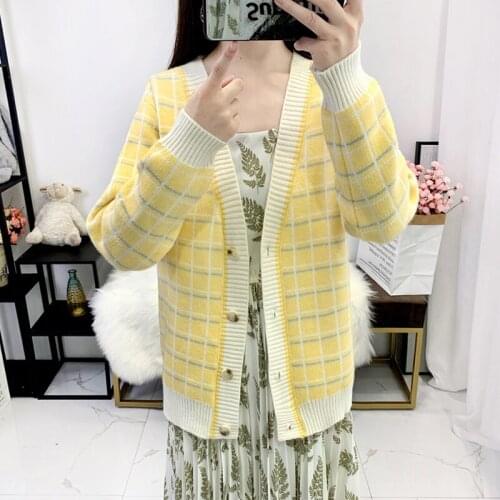 Autumn Winter Sweater Women Fad Knitted Plaid Cardigan Long Sleeve Casual Ladies Sweater V-neck Knit Cardigan For Female Fad