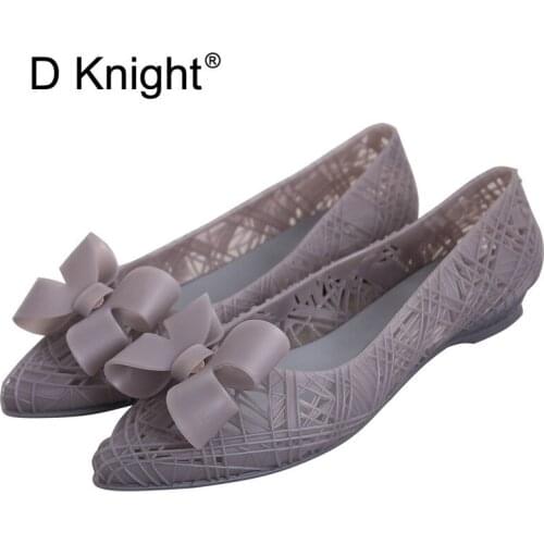 New Women Jelly Shoes Summer Comfortable Flat Beach Sandals Sweet Bow Quick Dry Hollow Out Waterproof Rain PVC Lady Sandal Shoe