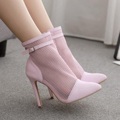 2021 New Summer autumn new womens boots mesh pink white pointed toe womens ankle boots sexy high heels zipper shoes woman