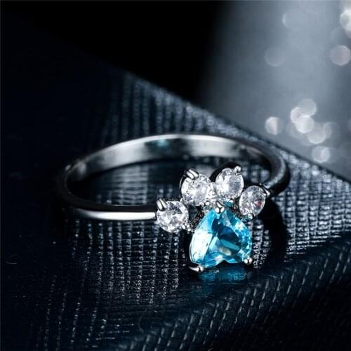 Female Cute Animal Footprint Ring Aqua Blue Zircon Heart Stone Cat Paw Ring Vintage Silver Color Rings For Women Fashion Jewelry