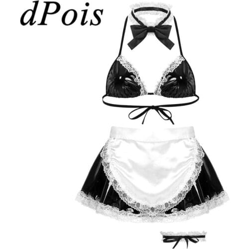 Womens Cute Anime Maid Cosplay Costume Sexy Lingerie Set Halter Neck Tie Back Bra Top High Waist Skirt G-string Briefs + Apron
