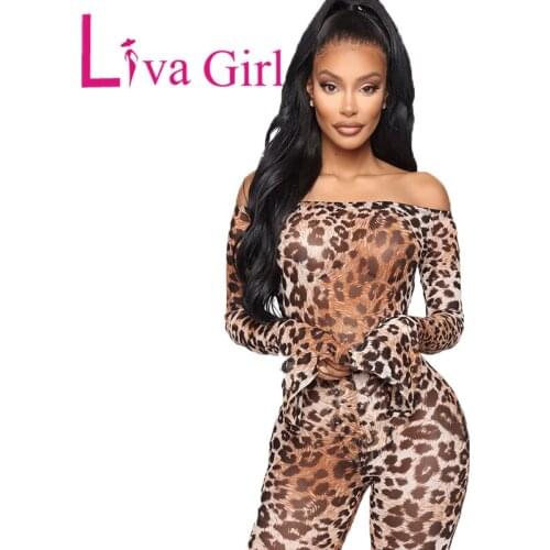LIVA GIRL Tight Fit Leopard Print Long Sleeve Casual Bodysuit Trousers Set Woman 2021 One Line Collar Jumpsuit Female Sexy Suit
