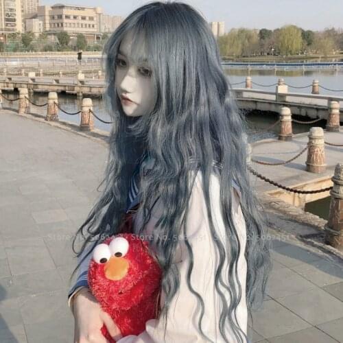 Women Princess Elf Cosplay Long Curly Hair British Style Carnival Party Stage Performance Air Bangs Blue Wig Princess Headwear