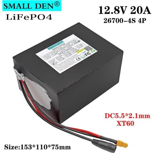 12.8V 20Ah 26700 Lifepo4 Battery Pack 4S4P for Electric Boat E-bike DC 12V Lawn mower with 4S 30A Maximum 60A Balanced BMS +XT60