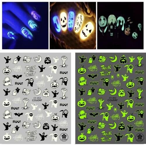 3D halloween stickers for nail art accessories luminous foil glow in dark night spider ghost flag pumpkin cat bat adhesive WG104