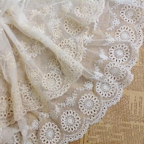 5yards 25cm wide Beige/White cotton mesh embroidery lace fabric for women dress sewing mesh lace trim-QX