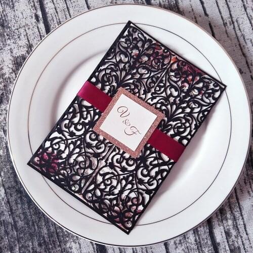 50pc Black Shiny Floral Laser Cut Quinceanera Invitation with Pink Glitter Tag and Burgundy Ribbon with Personalized Printing