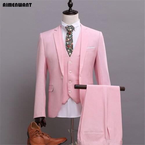 AIMENWANT Mens Suit Sets Top Quality England Pink Blazer Slim Fit One Button Suit+Vest+Pants 3-piece Europe Tailored Suits