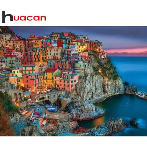 Huacan 5d DIY Diamond Painting Full Square/Round House Seaside Buildings Diamond Embroidery Mosaic Mountain Landscape Puzzle