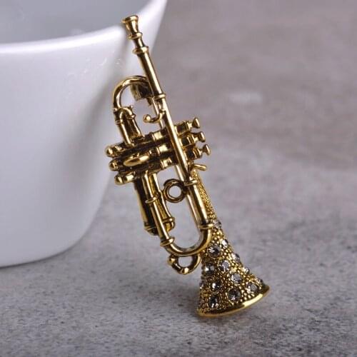 OI Vintage Saxophone Shape Brooches For Woman Musician Gift Crystal Antique Gold Color Musical Instrument Brooch Hijab Pins