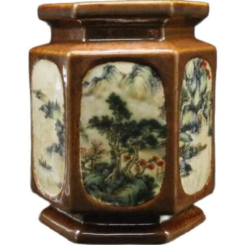 China old porcelain Pastel Hexagonal penholder Character Landscape Painting vase
