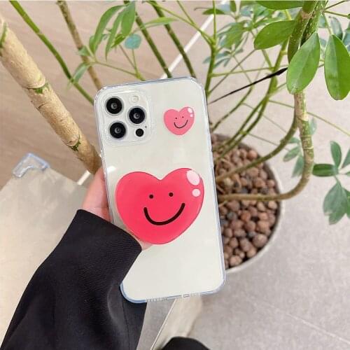 Korean Pink Love Heart Folding Bracket Phone Case for iPhone 11 12 Pro Max XR X XS 7 8 Plus Shockproof Transparent Cover