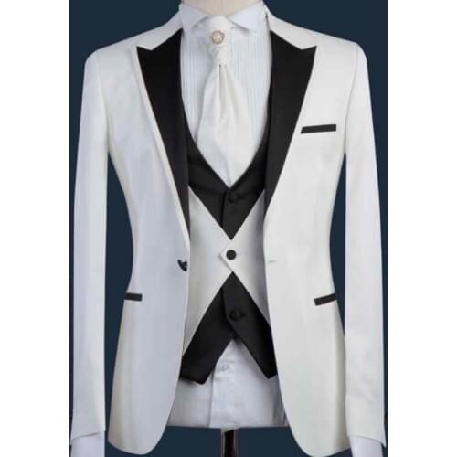 Custom Made Groomsmen White Groom Tuxedos Peak Black Lapel Men Suits Wedding Best Man ( Jacket+Pants+Bow Tie+Vest ) C413