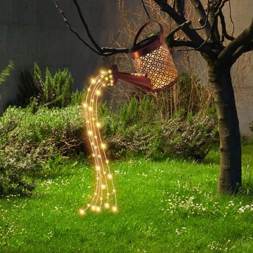 Wrought Iron Hollow Out Lamp Metal Solar Powered Watering Can Sprinkles Fairy Light LED Outdoor Garden Waterproof Shower Light
