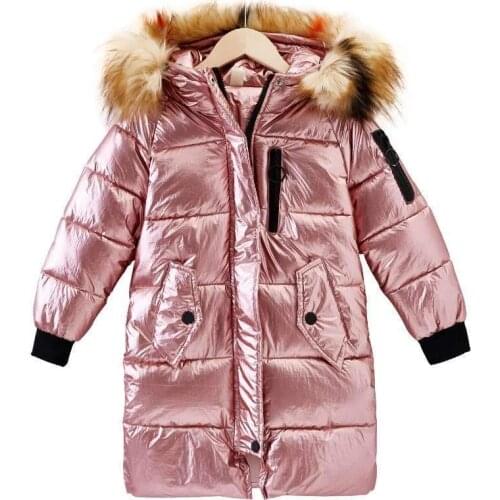Kids Winter Jacket Warm Fur Hooded Shiny Girls Coat Solid Long Cotton Children Clothes Bronzing Outerwear Snowsuit for 3-12 Year